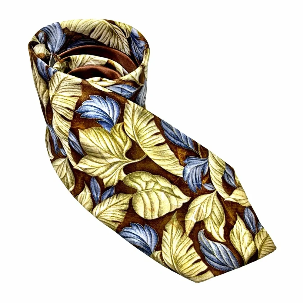 Bijan Tie | Made in Italy | Botanical Leaf Print | Brown Gold Blue | Lux Necktie - Picture 5 of 9